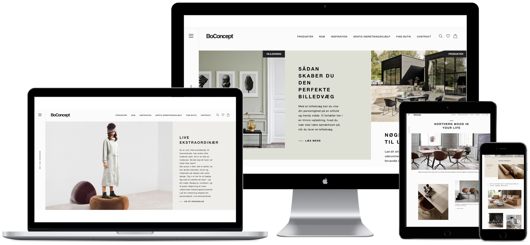 BoConcept-webshoppen vist på computer, laptop, tablet og telefon