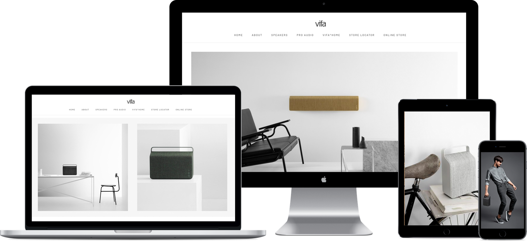 Vifa-websitet vist på computer, laptop, tablet og telefon